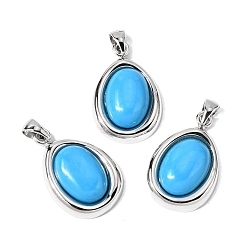 Платина Синтетические бирюзовые подвески, овальные подвески с латунными оправами с гальваническим покрытием, без свинца и без кадмия, долговечный, платина, 24x16x5.5 мм, отверстие : 5x3 мм