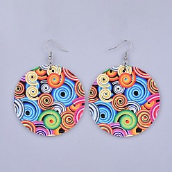 Colorful Printed Wooden Dangle Earring, with 304 Stainless Steel Earring Hooks, Flat Round, Colorful, 79mm, Pin: 0.7mm