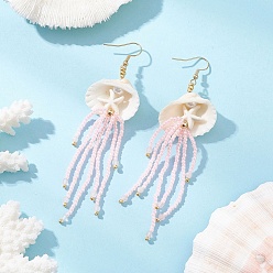 Розовый Кварц 304 серьги-подвески в виде медуз из окрашенной синтетической бирюзы из нержавеющей стали, натурального розового кварца и стеклянных бусин, золотые, 100x27 мм