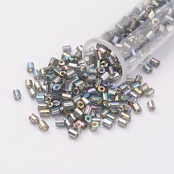 Light Grey 11/0 Two Cut Round Hole Glass Seed Beads, Hexagon, Silver Lined, Rainbow Plated, Light Grey, 2x2mm, Hole: 0.5mm, about 41000pcs/pound
