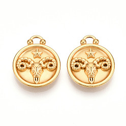 Овен 304 подвески из нержавеющей стали, плоский круглый шарм с двенадцатью созвездиями, реальный 18 k позолоченный, ионное покрытие (ip), Овен, 20.5x17x3~4.5 мм, отверстие : 2.5x2.7 мм