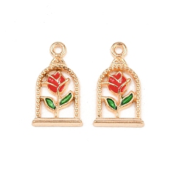 Light Gold Подвески из сплава с эмалью в виде розы в птичьей клетке, , красные, золотой свет, 17.5x10x2 мм, отверстие : 1.4 мм