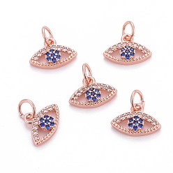 Розовое Золото Латунные микро проложить кубического циркония прелести, с прыжковых колец, злые глаза, красочный, розовое золото , 7x12x3 мм, отверстие : 3 мм