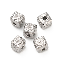 Нержавеющая Сталь Цвет 304 из нержавеющей стали бусы, Кубик с цветком, цвет нержавеющей стали, 5.8x5.8x6 мм, отверстие : 1.6 мм