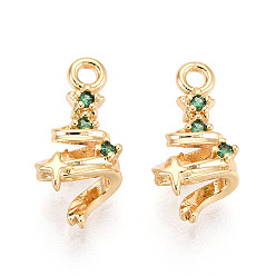 Зеленый Латунные микро проложить кубического циркония прелести, рождественская елка, долговечный, без никеля , реальный 18 k позолоченный, зелёные, 13.5~14.5x6.5x4 мм, отверстие : 1.4 мм