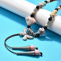 Лавандовый румянец Этнический стиль сплав и фарфор керамические бусины бабочка кулон кисточка и ожерелья, регулируемые вощеные ожерелья, лавандовый румянец, 22.05 дюйм (56 см) ~ 36.61 дюйм (93 см), Кулон : 135x28.5 мм