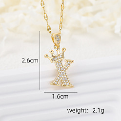 Letter X Латунные микропаве прозрачные кубические цирконии корона инициал кулон ожерелья, реальный 18 k позолоченный, Письмо X, 15.75 дюйм (40 см)