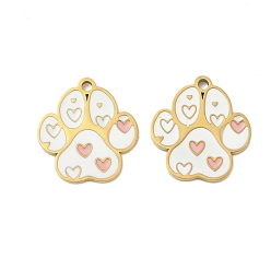 Белый 304 нержавеющей стальной эмали подвески, отпечаток лапы, ионное покрытие (ip), реальный 18 k позолоченный, белые, 15.5x15x1.5 мм, отверстие : 1.5 мм