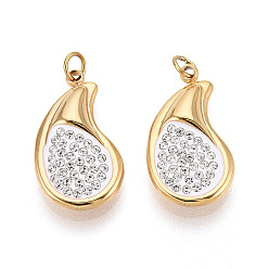 Кристалл 304 подвески из нержавеющей стали и полимерной глины ручной работы со стразами, слеза, с целью перехода в кольце, ионное покрытие (ip), реальный 18 k позолоченный, кристалл, 19.5x11x4 мм, отверстие : 2.8 мм