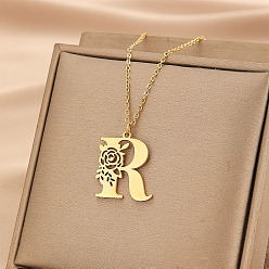 Letter R 304 ожерелья с подвесками в виде цветка из нержавеющей стали, золотые, Буква R, 16.54 дюйм (42 см)