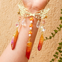 Солнечный Камень Металлические подвесные украшения в виде бабочек, Обернутые натуральные солнечные камни и грибы лэмпворк, ловцы солнца с кисточками для дома и улицы, 320 мм