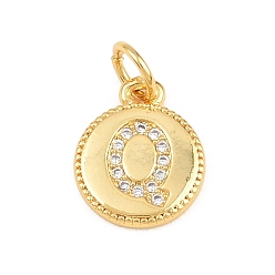 Letter Q Breloques en laiton zircon cubique transparent, rond plat avec breloques en forme de lettre, plaqué longue durée, sans plomb et sans cadmium, crémaillère plaquage, réel 18 k plaqué or, lettre q, 12.5x10x1.5mm, Trou: 3mm