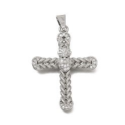 Platinum Brass Micro Pave Clear Cubic Zirconia Pendants, Cross with Sacred Heart Charms, Platinum, 38.5x28x4mm, Hole: 8x3.5mm