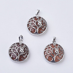 Камень с Пылевым Золотом Синтетические голдстоуновские подвески, с латунной фурнитурой , плоские круглые с дерева жизни, платина, 31~32x27x8~9 мм, отверстие : 5x7 мм
