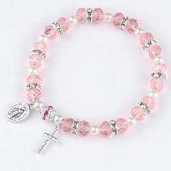 Pink Стеклянные бусины растянуть браслеты, браслеты с подвесками крест и овал с королем для женщин и мужчин, с имитацией жемчуга, граненые, розовые