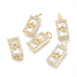 Настоящее золото 18K Латунные микро проложить кубического циркония подвески, с прыжковыми кольцами и натуральной оболочкой, долговечный, без кадмия и без свинца и без никеля, прямоугольник со звездой, прозрачные, реальный 18 k позолоченный, 16x8x3 мм, отверстие : 3.4 мм