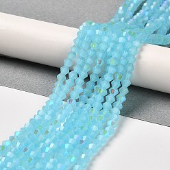 Deep Sky Blue Imitation Jade Electroplate Glass Beads Strands, AB Color Plated, Faceted, Bicone, Deep Sky Blue, 4x4mm, Hole: 0.8mm, about 87~98pcs/strand, 12.76~14.61 inch(32.4~37.1cm)