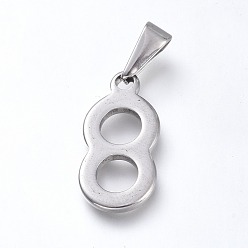 Number Pendentifs en acier inoxydable anti-ternissement, nombre, couleur inox, num. 304, 8mm, Trou: 21x10x1.5mm