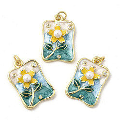 Rectangle Латунь эмаль подвески, без кадмия, без никеля и без свинца, с искусственным жемчугом и соединительными кольцами, реальный 18 k позолоченный, , прямоугольные, 23x15.5x5.5 мм, отверстие : 3.2 мм