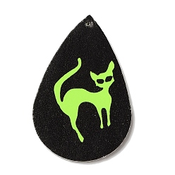 Cat Shape Подвески из искусственной кожи на Хэллоуин, черный и зеленый желтый, форма кошки, 55.5x37x2 мм, отверстие : 1.6 мм