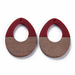 Mixed Color Opaque Resin & Walnut Wood Pendants, Two Tone, Teardrop, Mixed Color, 37x28.5x3mm, Hole: 2mm
