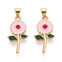 Бледно-Розовый Латунь эмаль подвески, без кадмия, без никеля и без свинца, , реальный 18 k позолоченный, розовый жемчуг, 24x12x2 мм, отверстие : 4x3.5 мм