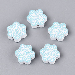 Небесно-голубой Окрашенные распылением деревянные бусины Schima, печатные бисера, снежинка, голубой, 17~17.5x19x6 мм, отверстие : 2 мм