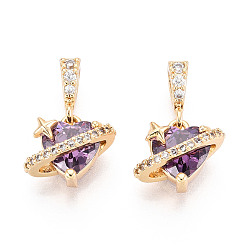 Фиолетовый Латунные микро проложить кубического циркония прелести, сердце, реальный 18 k позолоченный, фиолетовые, 11x12x7.5 мм, отверстие : 4.5x2.5 мм