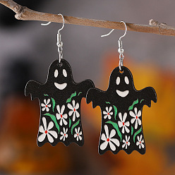 Черный Деревянные серьги на Хэллоуин, с серьгами из нержавеющей стали и крючком, призрак, платина, чёрные, 66 мм