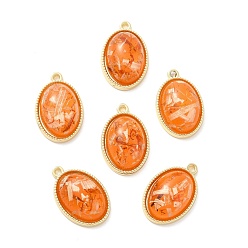 Dark Orange Resin Foil Pendants, with Light Gold Tone Alloy Findings, Oval, Dark Orange, 23.5x15.5x7.5mm, Hole: 1.6mm