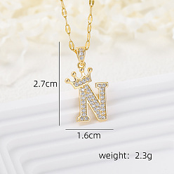 Letter N Латунные микропаве прозрачные кубические цирконии корона инициал кулон ожерелья, реальный 18 k позолоченный, Письмо N, 15.75 дюйм (40 см)