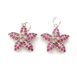 Платина Латунные микро проложить кубического циркония подвески, с прыжковых колец, цветок, фуксия и ясно, платина, 15.5x14.5x3 мм, Перейти кольцо: 5x0.7 мм, отверстие : 3.5 мм