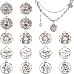 Antique Silver 24Pcs 4 Style Tibetan Style Alloy Pendants, Flat Round, Antique Silver, 23~25x20~21.5x2~3mm, Hole: 1.6~2mm, 6pcs/style