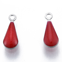 Темно-Красный 304 из нержавеющей стали шармы эмали, цвет нержавеющей стали, слеза, темно-красный, 12x4.5x2 мм, отверстие : 1.2 мм