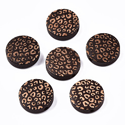 Coconut Brown Painted Natural Wood Beads, Laser Engraved Pattern, Flat Round with Leopard Print, Coconut Brown, 15x4.5mm, Hole: 1.5mm