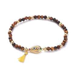Tiger Eye Natural Tiger Eye Stretch Charm Bracelets, with Brass Beads, Brass Micro Pave Cubic Zirconia Links, Polyester Cotton Tassel and Cardboard Packing Box, Cowrie Shell, 2-1/8 inch(5.5cm)