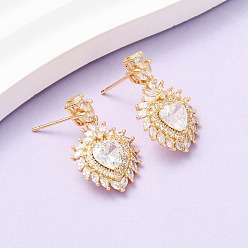 Настоящее золото 18K Серьги-гвоздики в форме сердца из латуни с микропаве из прозрачных кубических цирконий, реальный 18 k позолоченный, 26x16 мм