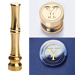 Letter Y Golden Tone Brass Wax Seal Stamp Head with Bamboo Stick Shaped Handle, for Greeting Card Making, Letter Y, 74.5x15mm