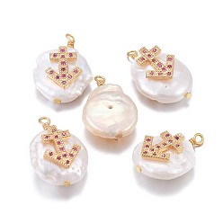 Sagittarius Natural Cultured Freshwater Pearl Pendants, with Brass Micro Pave Cubic Zirconia Findings, Nuggets with Constellation, Golden, Fuchsia, Sagittarius, 17~22x11~16x5~11mm, Hole: 1.6mm