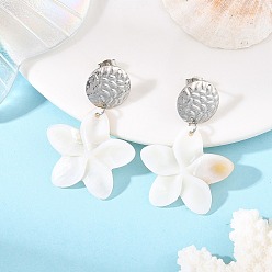 Platinum Carved Freshwater Shell Dangle Earrings, Flower, Non-Tarnish 304 Stainless Steel Stud Earrings, Platinum, 47x32~33mm