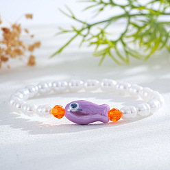  Эластичные браслеты из смоляного жемчуга и фарфоровых бусин для женщин, рыба, 6.89 дюйм (17.5 см)