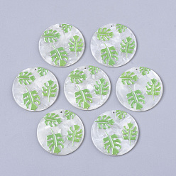 LimeGreen Cellulose Acetate(Resin) Pendants, Tropical Leaf Charms, 3D Printed, Flat Round, Monstera Leaf Pattern, Lime Green, 39x2.5mm, Hole: 1.6mm
