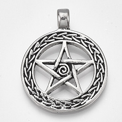 Antique Silver Tibetan Style Alloy Pendants, Wicca Pendants, Ring with Star, Antique Silver, 43.5x34x8.5mm, Hole: 5.5mm