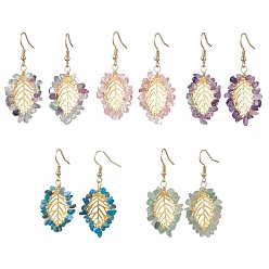 Золотой Серьги с подвесками из смешанных натуральных и синтетических драгоценных камней, серьги-подвески из железного листа, золотые, 48x21 мм