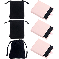 Pink 3Pcs Paper Drawer Boxes, with Black Sponge Inside, for Bracelets, Earrings, Necklace Storage, Square, with 3Pcs Velvet Pouches, Pink, 7.8~8x8x1.7~1.75cm
