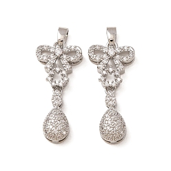 Platinum Brass Micro Pave Clear Cubic Zirconia Pendants, Bowknot & Teardrop Charms, Platinum, 26.5x12.5x5mm, Hole: 2x4.5mm
