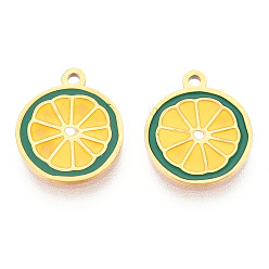 Светло-хаки 304 из нержавеющей стали шармы эмали, очарование апельсиновых ломтиков, ионное покрытие (ip), реальный 14 k позолоченный, светлый хаки, 12x10x0.8 мм, отверстие : 1 мм