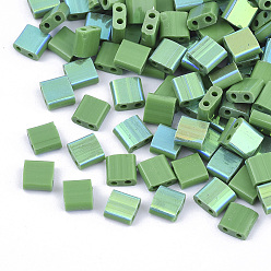 Light Green FGB 2-Hole Glass Seed Beads, Half Rainbow Plated Colours, Square, Light Green, 5x4.5~5.5x2~2.5mm, Hole: 0.5~0.8mm, about 1180pcs/bag