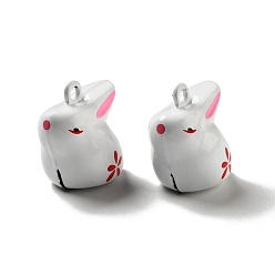 Blanc Pendentifs grelot en laiton, imprimé spary, lapin avec breloque fleurs de cerisier, blanc, 22x20x15mm, Trou: 2mm