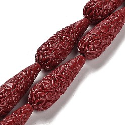 Dark Red Synthetic Coral Carved Beads Strands, Dyed, Teardrop, Dark Red, 34x10.5mm, Hole: 1.2mm, about 11pcs/strand, 14.65''(37.2cm)